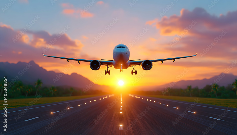 Naklejka premium Airplane landing on runway at sunset over tropical landscape. Generative AI