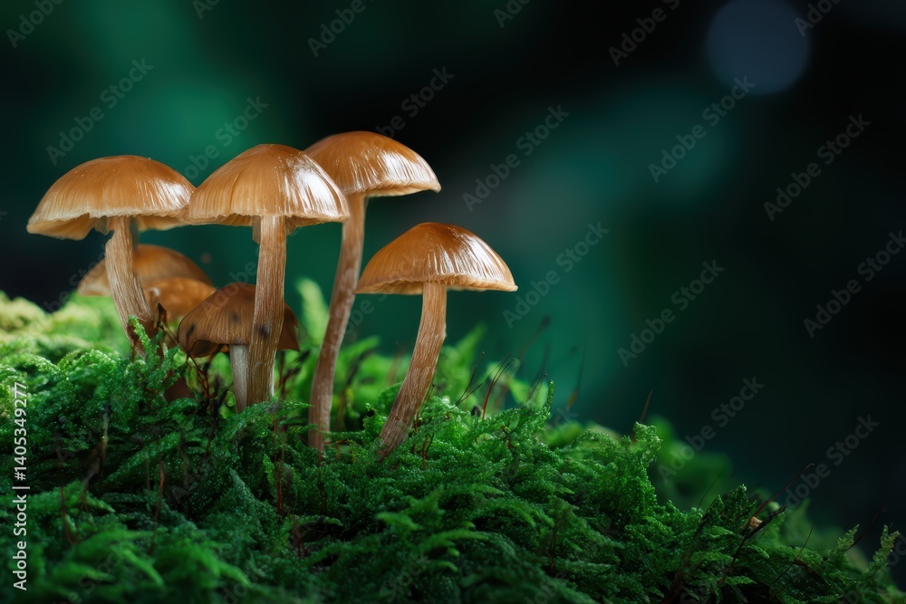 Fototapeta premium Golden Orange Mushroom Cluster on Moss in Forest, Natural Harmony Scene.
