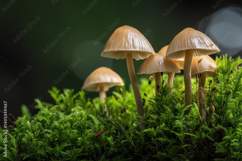 Shiny orange mushrooms growing on green moss in natural forest scene.Natural Harmony Scene. Shiny orange mushrooms growing on green moss in natural forest scene.Natural Harmony Scene.