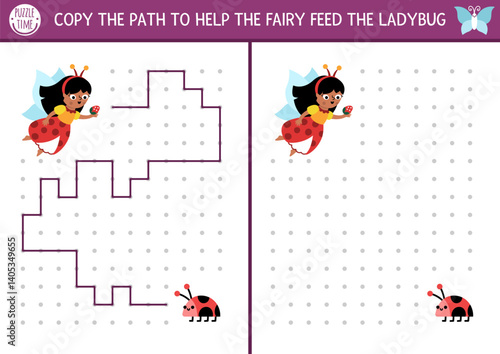 Fairyland drawing, writing, tracing, space orientation activity for kids with fairy bug feeding ladybird. Draw lines in box according example. Preschool woodland fantasy printable game, puzzle