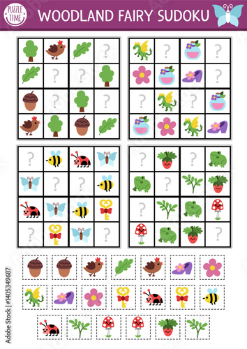 Vector fairyland sudoku puzzle for kids with pictures. Simple woodland fairy quiz with cut and glue elements. Education activity or coloring page with bird, berry, bugs. Draw missing objects