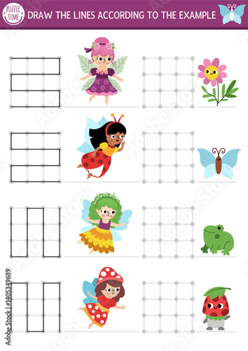 Fairyland drawing, writing, tracing, space orientation activity for kids with woodland fairies, flower, frog, mushroom. Draw lines in square box according example. Preschool printable game, puzzle
