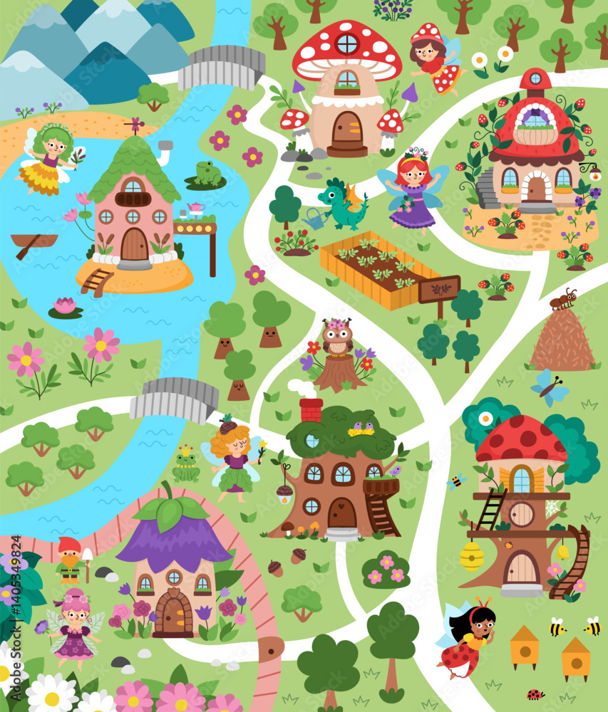 Fototapeta premium Vector fairyland map background with characters. Fairy land landscape. Woodland scenery with trees, dragon, roads, bridge, river. Fantasy forest scene illustration. Magic fairytale world picture