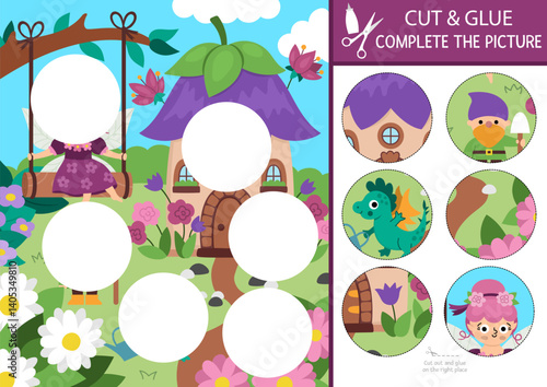 Vector fairyland cut and glue activity. Woodland or flower fairy crafting game with magic garden landscape, house, dwarf. Fill up scene with sticker. Find right piece of puzzle. Complete picture