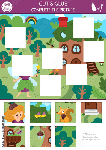 Vector fairyland cut and glue activity. Woodland fairy crafting game with magic forest landscape, acorn tree house. Fill up scene with square sticker. Find the right piece of puzzle. Complete picture