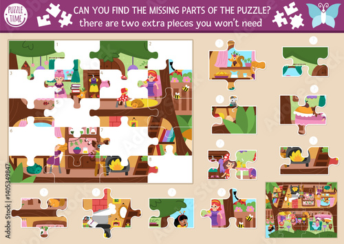 Fairyland logical matching activity with tree house interior display, cute fairies. Fantasy woods game, printable worksheet. Fairytale match up page. Find missing piece of jigsaw puzzle. Fill up scene
