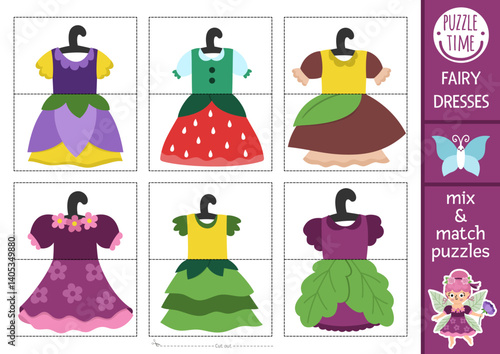 Vector fairyland mix and match puzzle with cute fairies and their dresses. Matching woodland fairytale activity for preschool kids. Educational printable game with magic or fantasy girls costumes