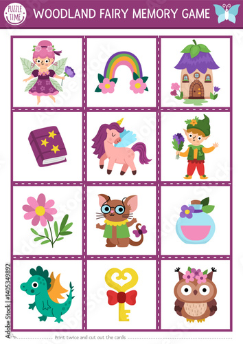 Vector fairyland memory game cards with cute unicorn, elf, rainbow, dragon, potion. Woodland fairy matching activity. Remember and find correct card. Simple printable worksheet for kids