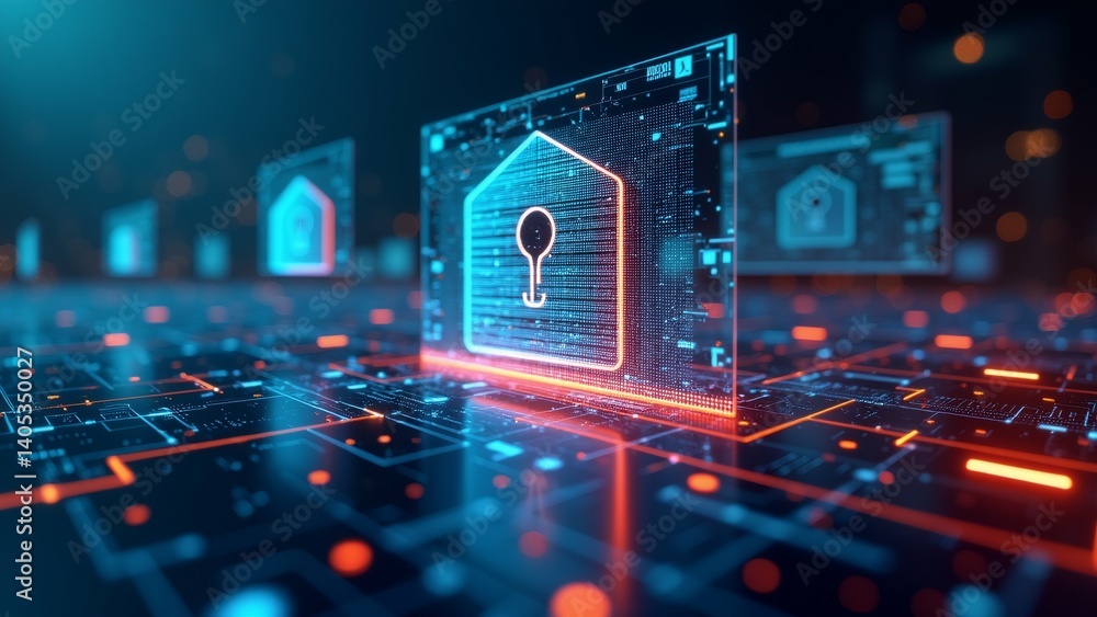 Fototapeta premium computer screen lock icon lock icon shape house keyhole center screen surrounded futuristic interface lines dots background dark blue orange red lights giving futuristic technological feel background