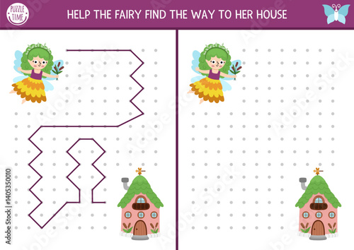 Fairyland drawing, writing, tracing, space orientation activity for kids with swamp fairy searching house. Draw line in box according example. Preschool woodland printable game, puzzle
