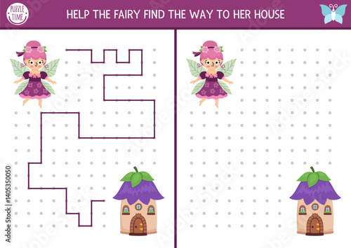 Fairyland drawing, writing, tracing, space orientation activity for kids with flower fairy searching house. Draw line in box according example. Preschool woodland printable game, puzzle