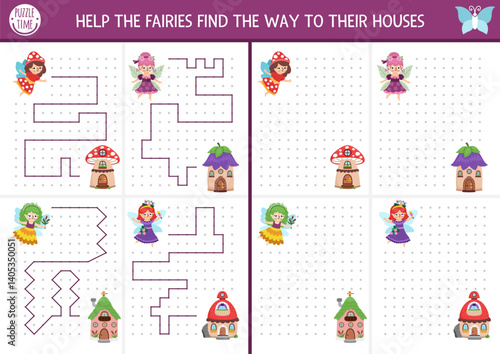 Fairyland drawing, writing, tracing, space orientation activities set for kids with fairies searching houses. Draw line in box according example. Preschool woodland printable game, puzzle collection