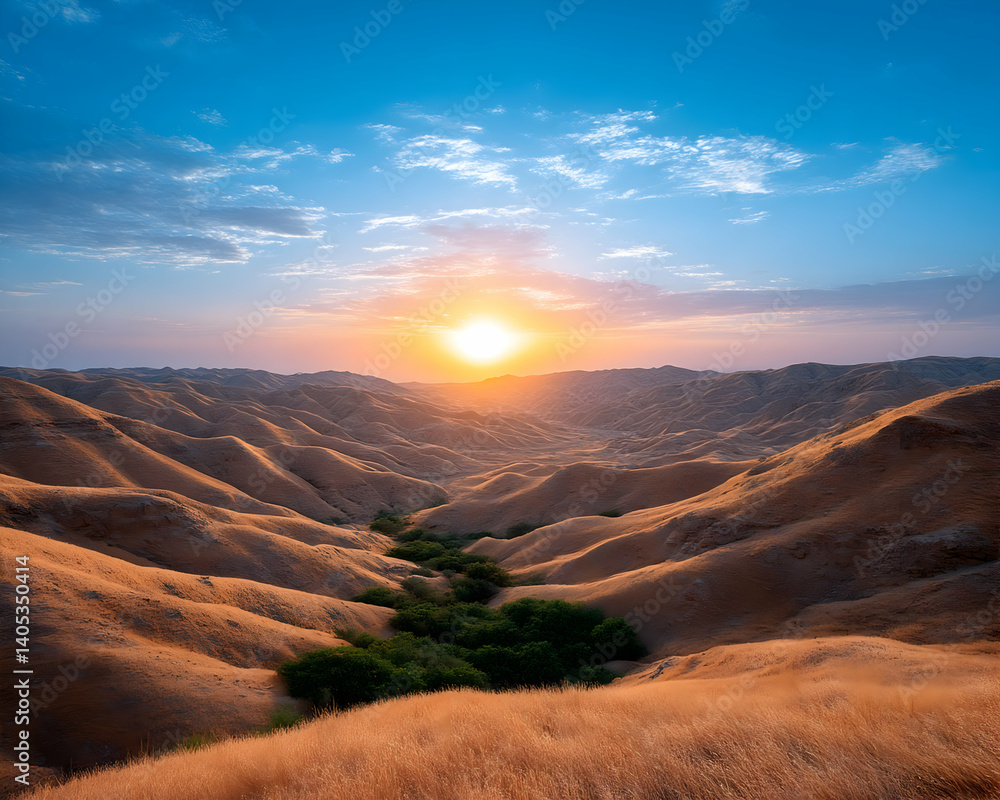 Fototapeta premium Golden hour sunset over rolling hills and valley. Generative AI