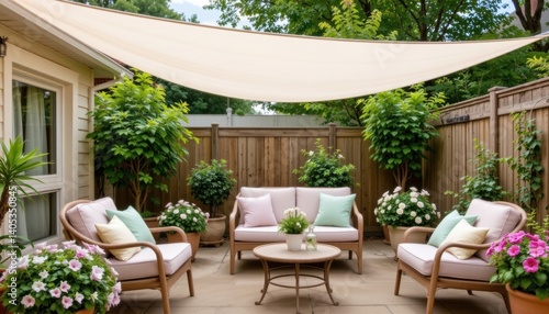 Cozy Outdoor Patio with Floral Decorations and Shade Canopy