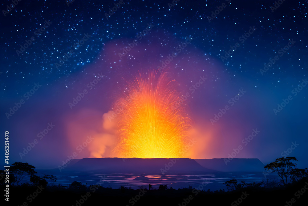 Night volcano eruption with stellar backdrop. Generative AI Night volcano eruption with stellar backdrop. Generative AI