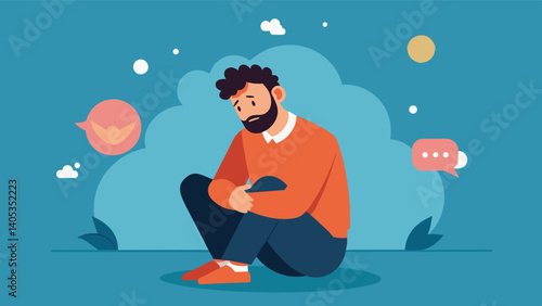 A man struggling with his selfworth and confidence after constantly comparing his life to the seemingly perfect and curated lives of social media influencers.. Vector illustration