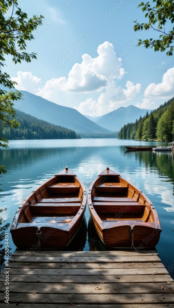 Serene Rowboats Moored at Idyllic Lake Stunning Mountains in Background Nature Photography Tranquil Setting High Angle View Serene Rowboats Moored at Idyllic Lake Stunning Mountains in Background Nature Photography Tranquil Setting High Angle View