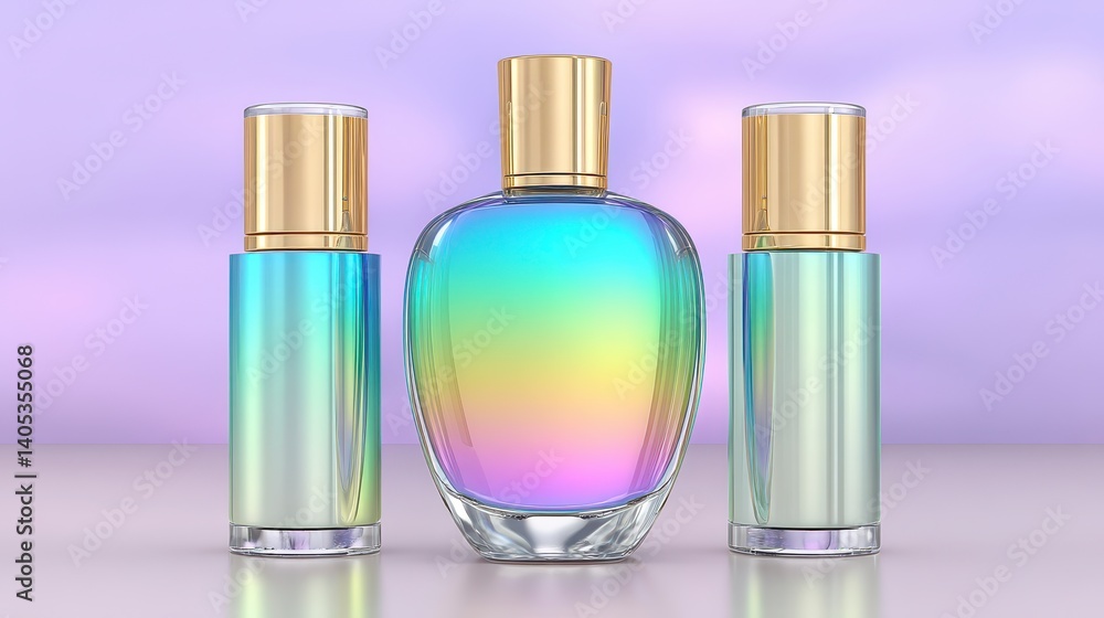 Iridescent Perfume Bottles with Gold Caps on Lavender Background Iridescent Perfume Bottles with Gold Caps on Lavender Background