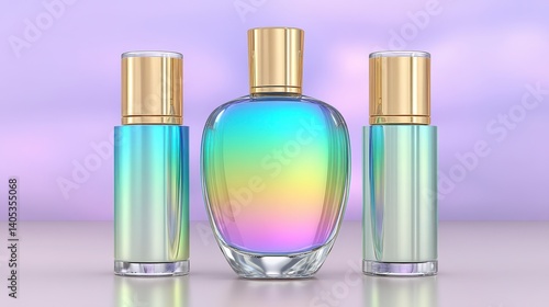 Iridescent Perfume Bottles with Gold Caps on Lavender Background