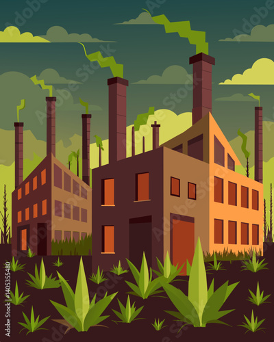 A row of abandoned factories with overgrown weeds and broken windows. Vector illustration