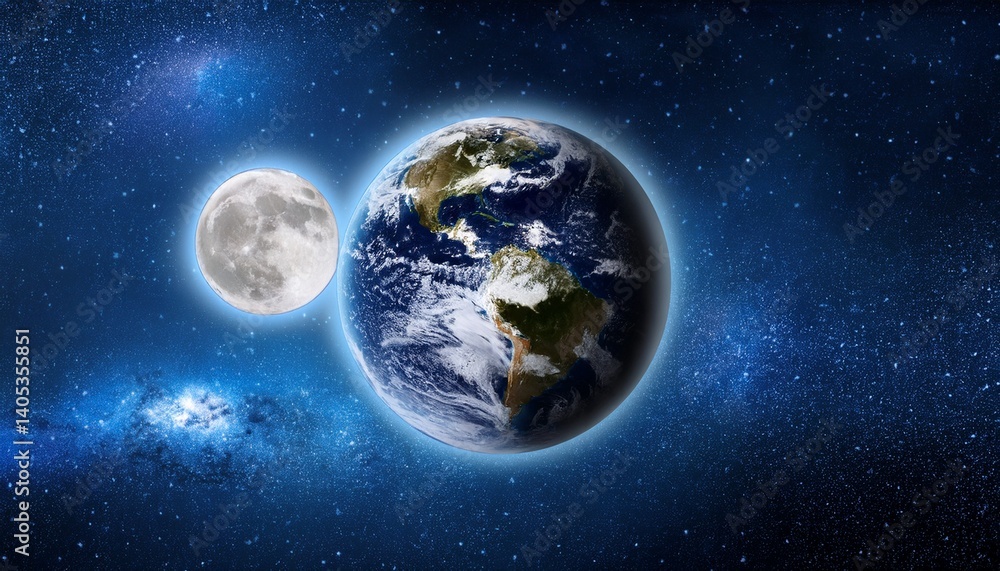 Fototapeta premium Conceptual Planet Earth and full Moon in space with stars