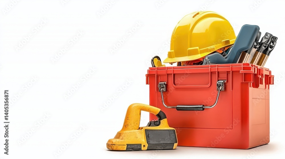 Safety toolbox layout with mandatory checklist for tools workshop image studio close-up view organization Safety toolbox layout with mandatory checklist for tools workshop image studio close-up view organization