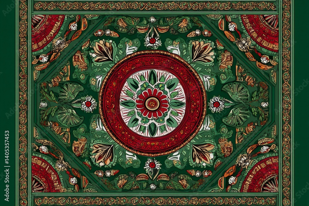 Intricate, symmetrical decorative pattern on a dark green background. Intricate, symmetrical decorative pattern on a dark green background.