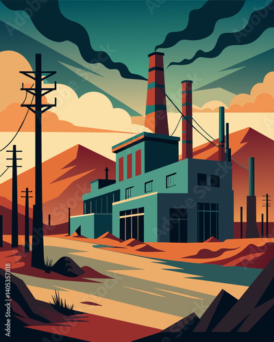 An abandoned factory looms in the distance its outdated power systems continuing to churn out energy despite no longer being in operation.. Vector illustration