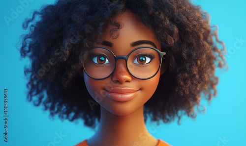 A cheerful young woman with a confident smile and vibrant curly hair, wearing round glasses, against a teal background.  