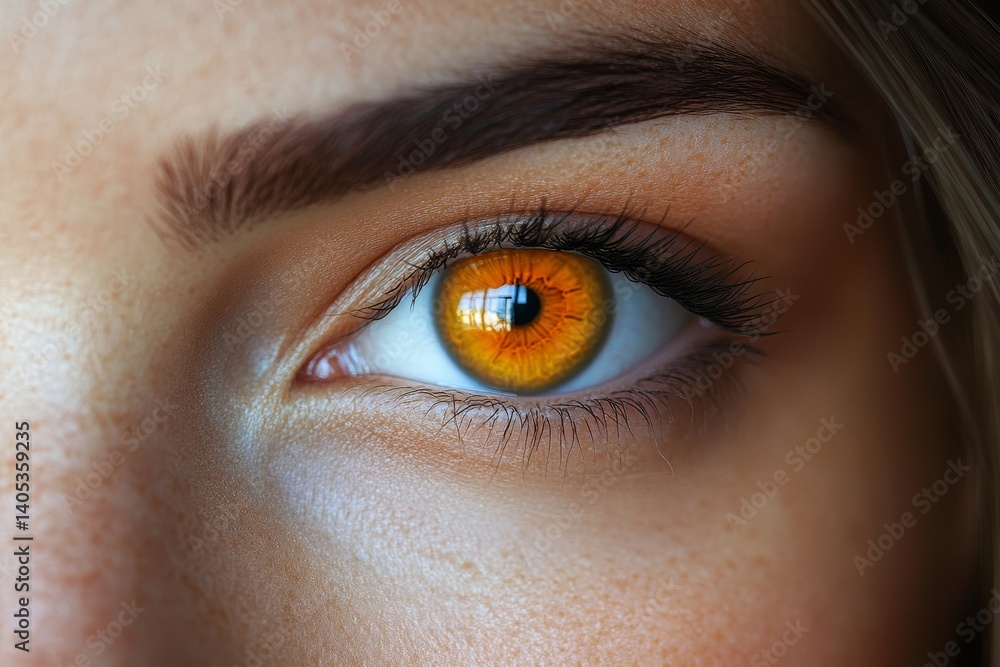 Obraz premium Close-up of a captivating amber eye, showcasing intricate details and mesmerizing depth. The contrast between the warm iris and the delicate skin creates a striking visual.