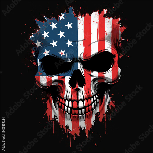 Biker vector t-shirt design with human skull
with usa flag mask on black background.
Fashionable print for fabric, paper, men clothing,
hoodie, jacket. T shirt template in american style.