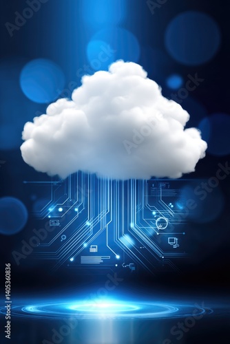 Cloud computing infrastructure encompasses services for managing data storage. A contemporary, elegant white cloud is illustrated alongside digital management symbols and circuit designs on a blue ba