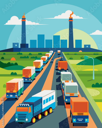 Rows upon rows of garbage trucks line up outside the wastetoenergy plant unloading their trash to be incinerated and converted into usable energy.. Vector illustration