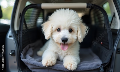 Joyful White Puppy Contentedly Resting in Fleece-Lined Car Carrier