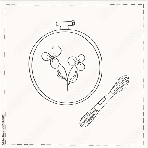 Vector illustration of hoop with embroidered flower bouquet of violets, floss threads and material with hand stitches. Concept for hand made studios, birthday card, congratulations spring holidays