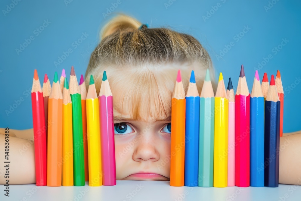 Child surrounded by colored pencils, frustrated expression Child surrounded by colored pencils, frustrated expression