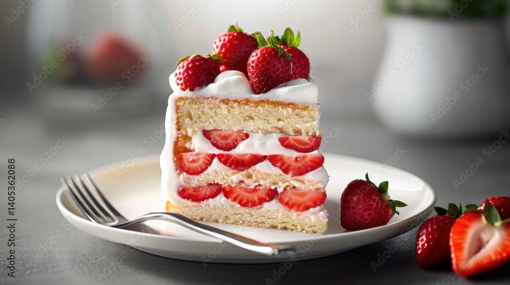 Slice of Fresh Strawberry Shortcake with Cream and Whole Strawberries