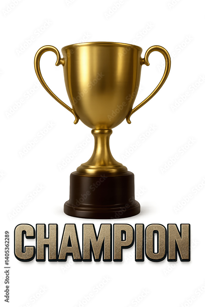 Golden trophy gleaming, champion text displayed, sitting atop dark base, symbolizing achievement and success. PNG