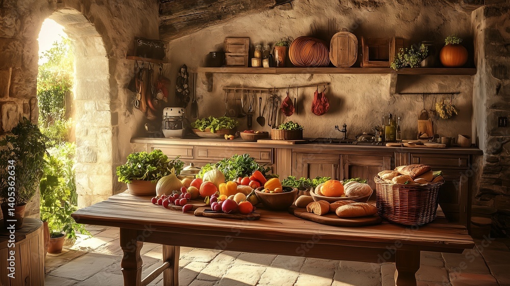 Rustic Kitchen with Fresh Produce and Breads Rustic Kitchen with Fresh Produce and Breads