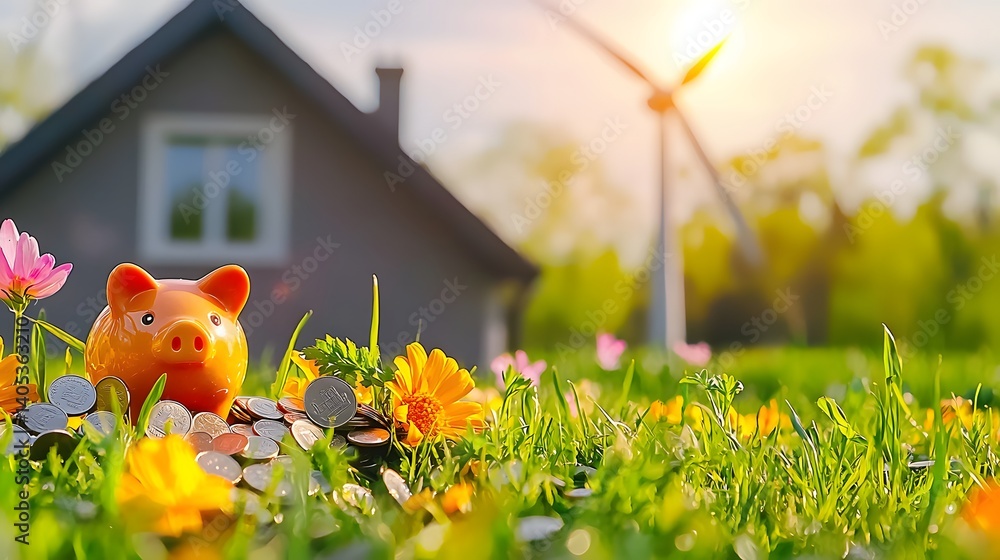 Piggybank Surrounded by Coins and Vibrant Flowers in a Sunlit Garden with Windmill in Background