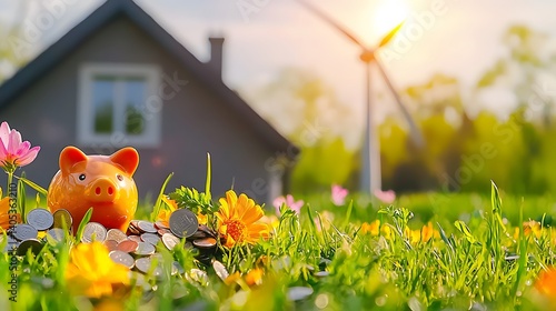 Obraz na płótnie Piggybank Surrounded by Coins and Vibrant Flowers in a Sunlit Garden with Windmill in Background w salonie