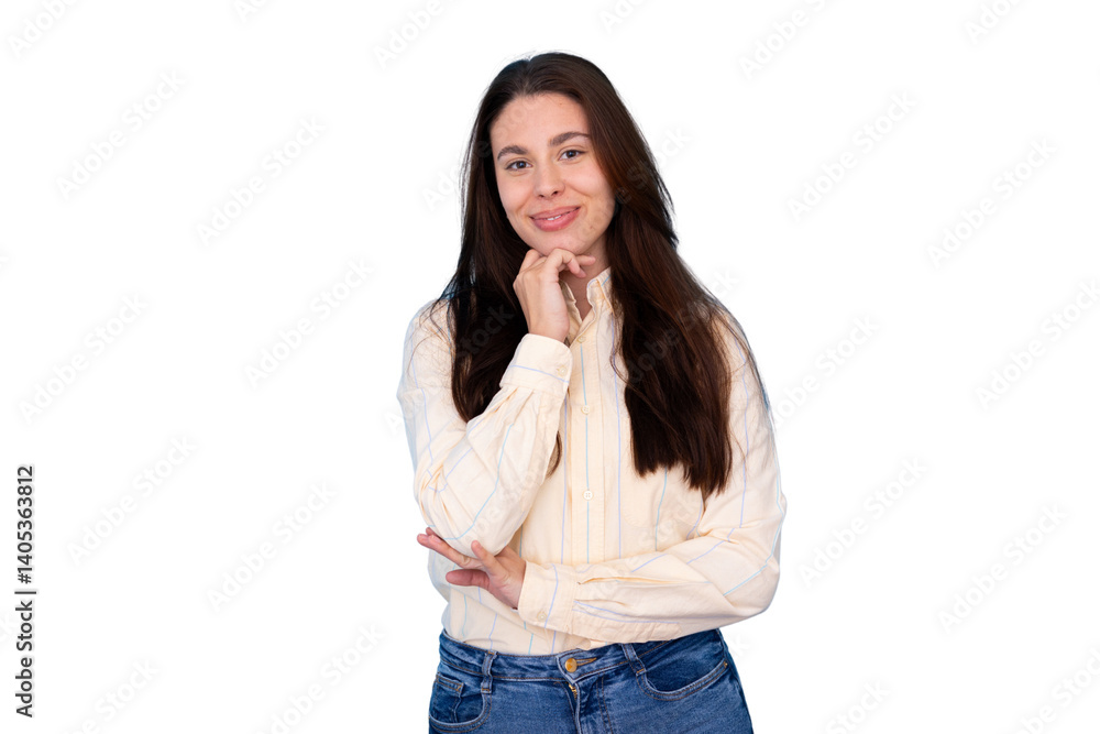 Studio portrait of a cheerful businesswoman posing with her hand on her chin on a transparent background Studio portrait of a cheerful businesswoman posing with her hand on her chin on a transparent background