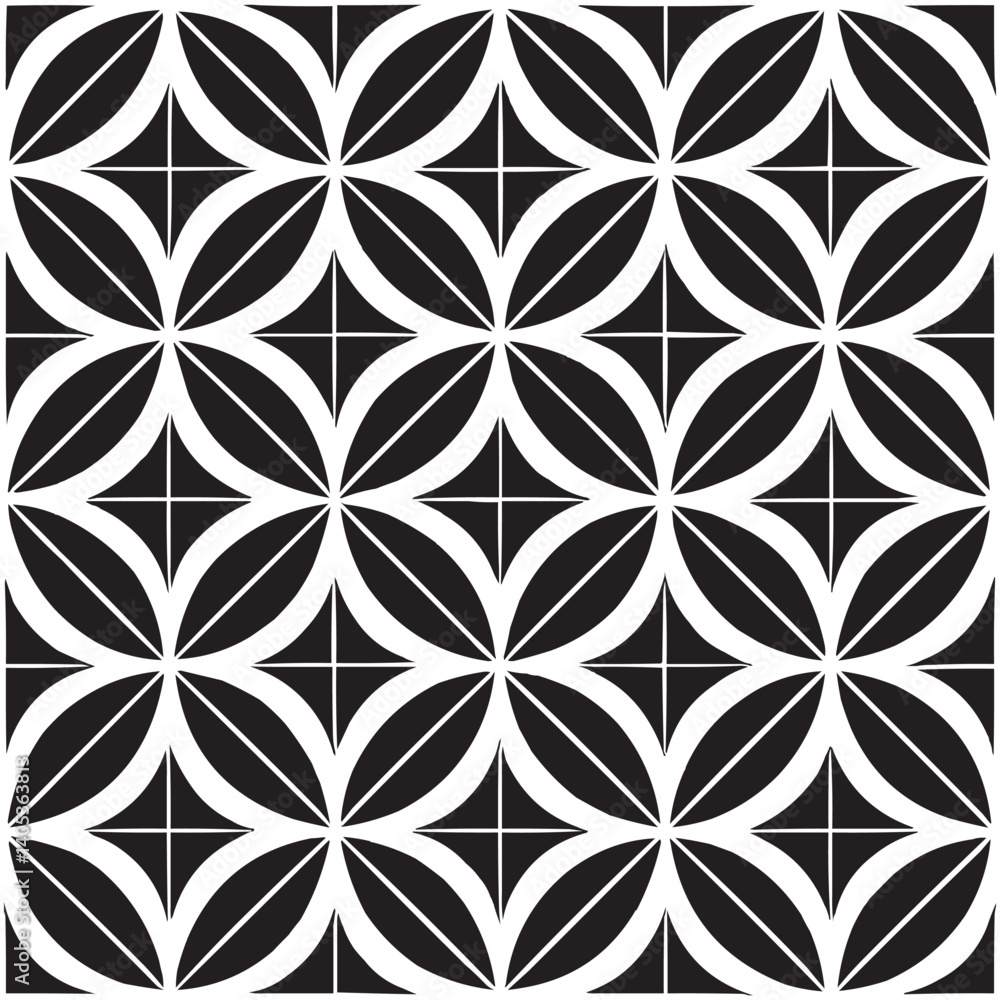 Geometric Floral Tile Pattern. Seamless Black and White Abstract Background, Vector geometric monochrome seamless pattern with curved shapes Geometric Floral Tile Pattern. Seamless Black and White Abstract Background, Vector geometric monochrome seamless pattern with curved shapes