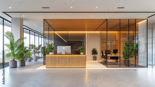 Modern office reception area with sleek design and natural elements.  A light wood reception desk sits centrally, flanked by potted plants, and large windows offer abundant natural light.