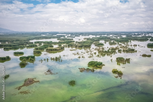 Obraz na płótnie Eber Lake and its reeds. Aerial view of Eber Lake in Afyonkarahisar province of Turkey with a drone. w salonie
