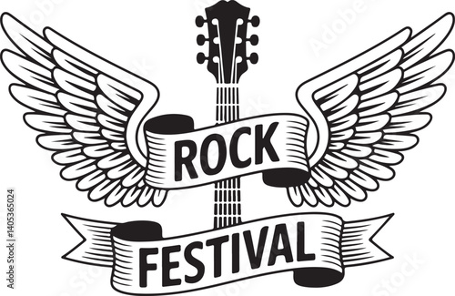 Rock festival emblem with guitar, wings, and ribbon banner. Vintage music concert logo design, retro style vector for poster and print