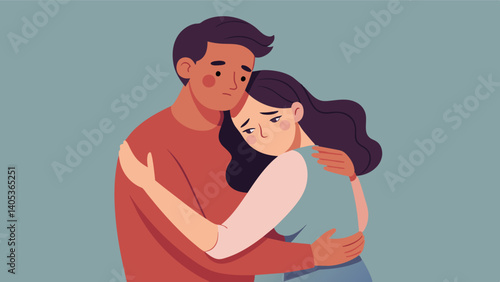 A woman wraps her arms around her partner from behind holding him tight in a loving embrace as he opens up to her about his insecurities.. Vector illustration