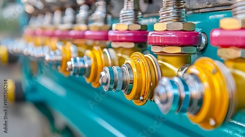 Colorful Industrial Valves and Connectors Attached to Machinery in a Closeup View