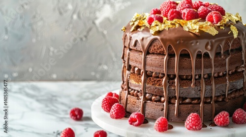 Obraz na płótnie Luxurious Chocolate Layer Cake with Fresh Raspberries and Gold Leaf w salonie