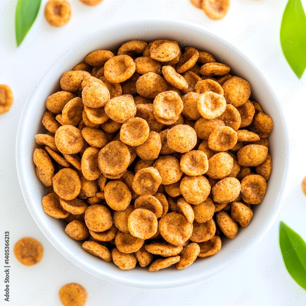 Close Up View of Crispy Round Cereal in a White Bowl Surrounded by Green Leaves on a Bright Background Close Up View of Crispy Round Cereal in a White Bowl Surrounded by Green Leaves on a Bright Background